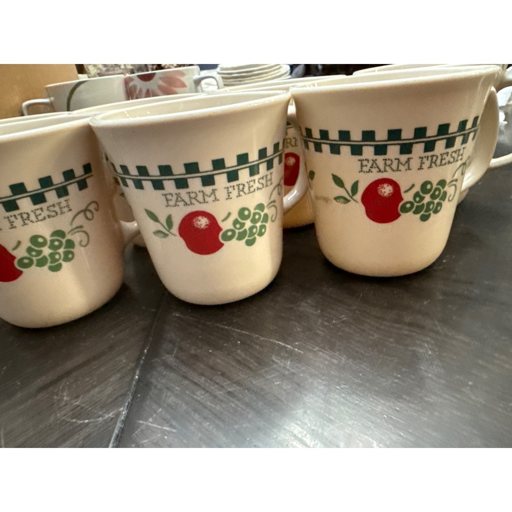 Vintage Corning USA Farm Fresh Apple Grape Mugs Set of 7 Cream Ceramic Microwave